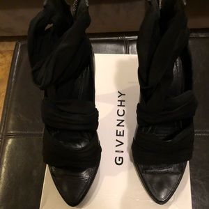 Givenchy black silk and leather platform heels